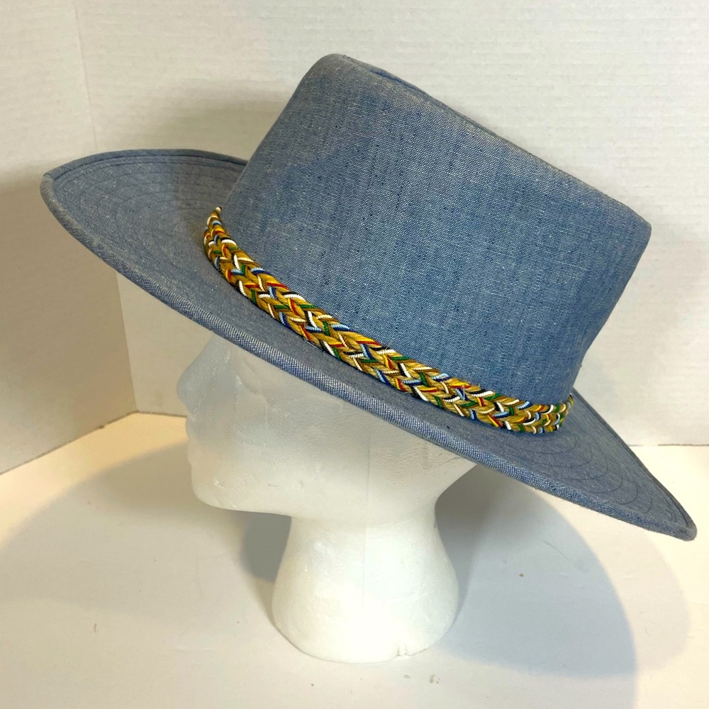 Fabric Brim Hat with Colorful Braiding. Lined interior. Rigid brim. Denim blue.